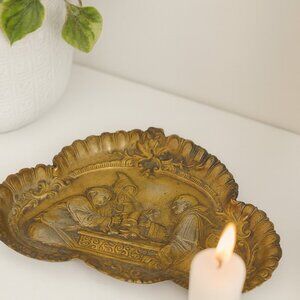 Vintage Brass Bronze Embossed Trinket Dish Catch-All Dish Monks Scalloped Edge